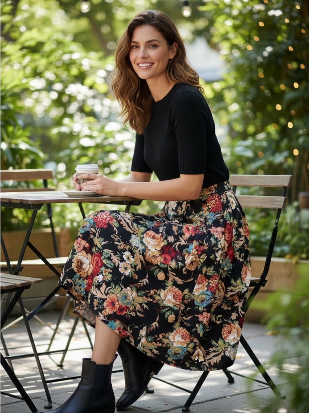 Floral A-Line Skirt in Black with Multicolor Blooms